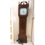 Antique mahogany cased grandfather clock with painted dial by I Smith Ridgewell, has pendulum,