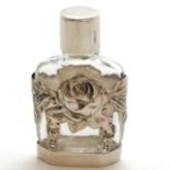 Silver scent bottle with a screw on lid and a glass body with rose detail ~ 6.2cm high