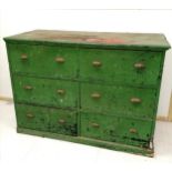 Antique green painted large chest of 6 drawers probably a shop fitting- 137cm wide x 100cm high x