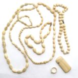 4 x strands of antique ivory beads (longest 92cm) t/w antique ivory vesta & snake ring ~ total