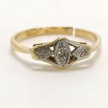 Antique 18ct marked gold diamond (3) set ring - approx size L & 1.9g total weight Condition