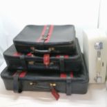 Set of 3 C1960's Harrods black & red suitcases. With 2 keys. Largest 80cm x 48cm x 19cm. smallest