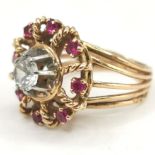 Continental 18ct hallmarked gold ruby (8) & white topaz ring - size I½ & 7.7g total weight