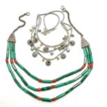 Ethnic malachite & coral white metal mounted 3 strand necklace - inside edge 42cm long t/w white