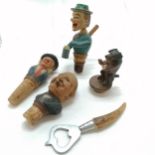 4 novelty carved wooden bottle stoppers inc Winston Churchill, dog, captain cuttle - man drinking