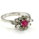 18ct foreign marked white gold ruby & white stone set ring - size N½ & 2.7g total weight