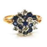 9ct hallmarked gold sapphire (10) & diamond (9) cluster ring - size K½ & 2.2g total weight