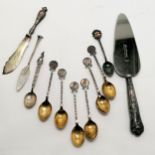 Set of 6 silver bowling teaspoons t/w 2 others & butter knife & 2 x silver handled servers - total