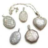 5 x silver lockets inc heart shaped (on a 36cm chain), octagonal & 3 oval - total weight 44g