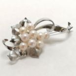 Silver pearl set flower brooch - 6cm long & 11g total weight in a Mikimoto box