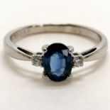 18ct hallmarked white gold sapphire & diamond ring - size O & 2.6g total weight Condition