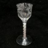 Antique Georgian double air twist cordial glass with etched grape design 15cm high foot rim 6.5cm
