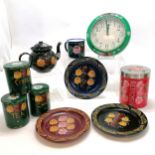 Qty of barge ware inc clock (23cm diameter), biscuit barrel, tea, coffee, sugar, teapot etc