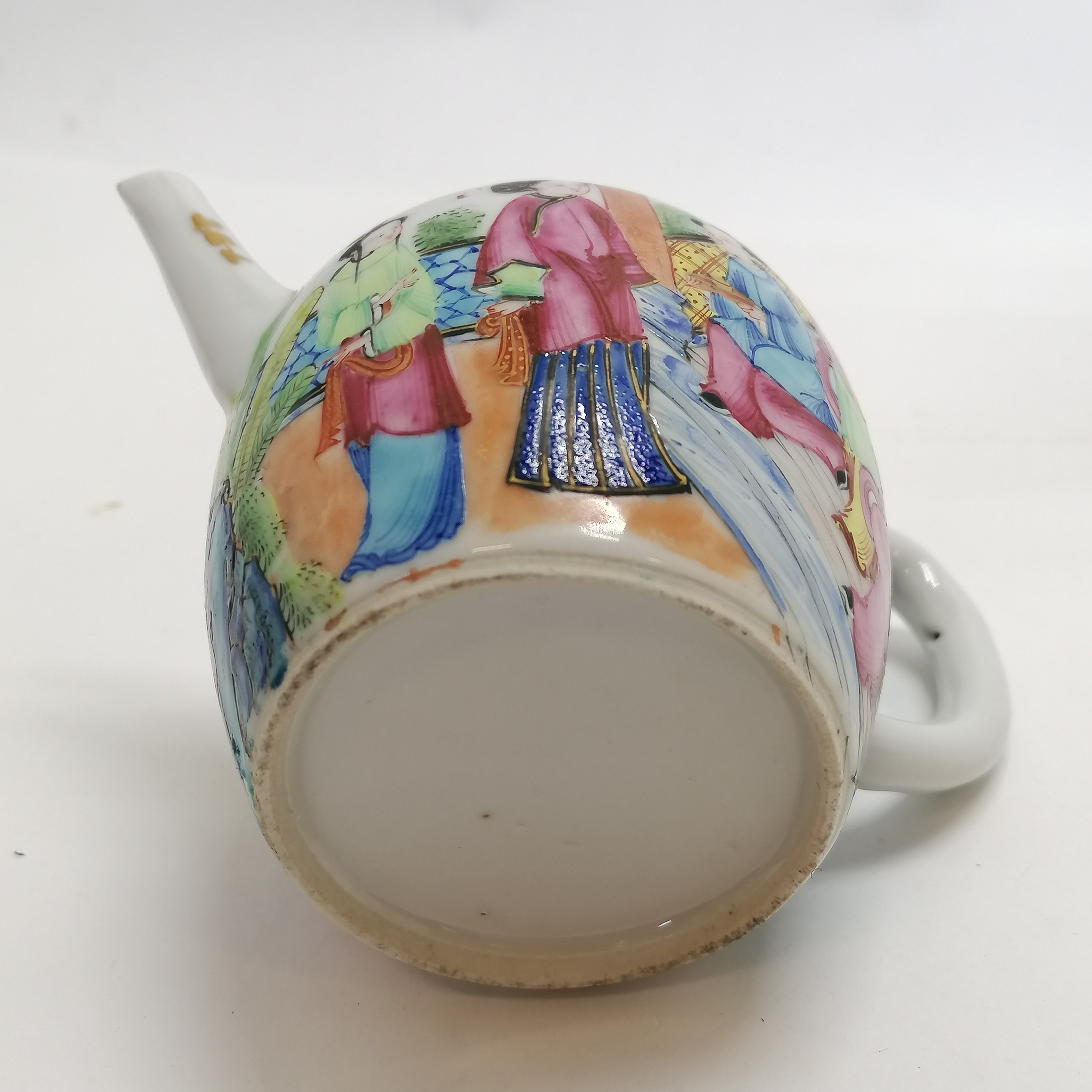 Antique Cantonese Chinese hand decorated teapot (8cm high & in good used condition but missing - Image 2 of 7