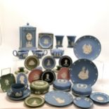 Qty of Wedgwood including a clock, cup and saucer, pair of jugs, pair of vases, 3 lidded pots, sugar
