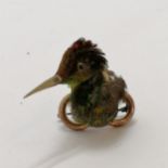 RARE gilt metal brooch constructed of real exotic bird plumage & has metal beak - 3cm high