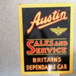 Austin Sales and Service Britain's Dependable Car red yellow and black contemporary enamel sign.