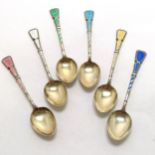 Set of 6 x silver & enamel coffee spoons with gilded bowls - 9cm long & total weight 59g
