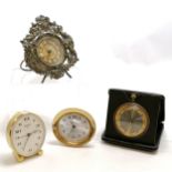 Antique leather cased 8 day travel clock (10.5cm square & running), 2 x Swiza, brass cased cherub