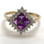 9ct hallmarked gold amethyst / white stone cluster ring - size O½ & 2.2g total weight