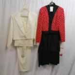 Parigi cream silk 3 piece trouser suit and belt size 10 T/W a Condici 1980's red and black 2 piece