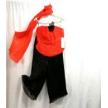 1970's John Marks black and orange silk and chiffon 3 piece culottes strapless top and scarf, size