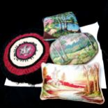 Vintage circular red cushion 48cm diameter /W 3 small tapestry cushions, 1 silk of a windmill. In