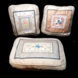 3 Chinese panelled silk cushions with feather inner. smallest 29cm x 29cm. in good condition