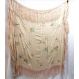 Antique Chinese pale pink silk shawl depicting embroidered storks, with a tassel fringe T/W a