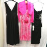 3 1970's evening dresses including Parigi pink 2 piece size 10, black dresses size 12