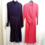 2 1970's Pirigi coral coloured long dress size 12 T/W pleated silk size 8
