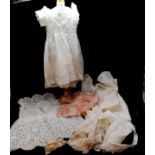 5 antique childs cotton dresses, child's handkerchief and Irish crochet collar and cuffs. Some