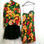 2 1970's Parigi silk floral and black dress and 2 piece outfit size 14 & 12
