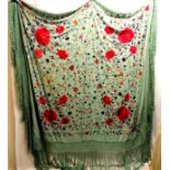 Antique Chinese green silk piano shawl with embroidered peonies 140cm x 140 cm without the fringe