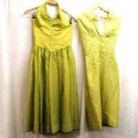 2 1950's chartreuse shot mettalic halter neck dresses