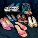 Quantity of vintage shoes, 7 pairs including Mui Mui pink sandals, Gucci lilac velvet stilettoes,