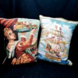 2 vintage tapestry cushions, with feather inserts, 38cm x43cm.In good condition.