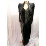 1980's sequined black and silver silk long dress and tasseled jacket with pearl beaded shoulder