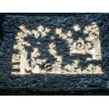 An antique black silk cushion cover with applied Chinese silk embroidered decoration, 64cm x 44cm,