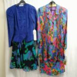 2 1970's 2 piece silk outfits, multi coloured Parigi jacket and skirt size 10, blue outfit by John
