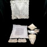 2 lace embroidered handkerchiefs, pair of cuffs and lace collar etc.