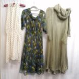 Silk brown spot dress, Whistles silk green dress and a Khaki silk voile dress with petticoat and
