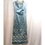 1960's blue satin evening gown with embossed silver decoration. 36"" bust