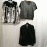 Sequined long sleeve top, leather short sleeve top and French connection jacket. All size small