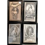 4 Antique framed prints of French royalty. 24cm x 37cm. Some foxing to 1, another has some holes