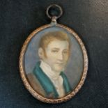 Original portrait miniature watercolour on paper of a Georgian gentleman in a gilt brass frame