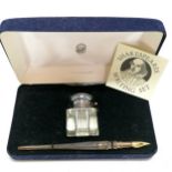 Unused original cased Shakespeare's writing set with sterling silver dip pen & silver lidded glass