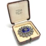 Antique silver hallmarked blue enamel and paste set brooch in a retail box - 4.5cm & 26g total