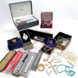 Qty of oddments inc Parker pens, large silver marked cross (13g & 9cm drop), Rotary watch in box etc
