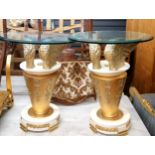 Pair of giltwood circular side table with winged decoration, bevelled glass tops 60cm diameter x
